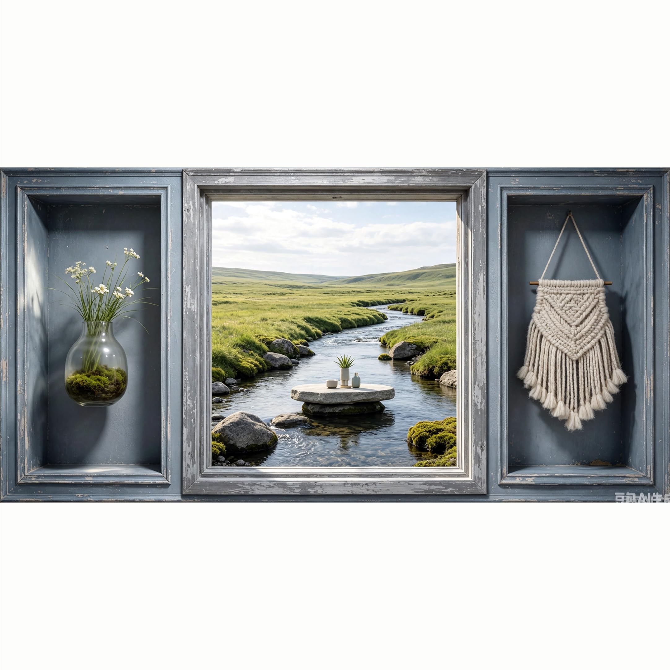 QZLITHOTIC 50x100cm 3D Framed Wall Art， Meadow Stream Landscape Macrame Decor Self‑Adhesive Mural， Water‑Activated Peel & Stick Fabric Decor Wall Decal for Bedroom Living Room