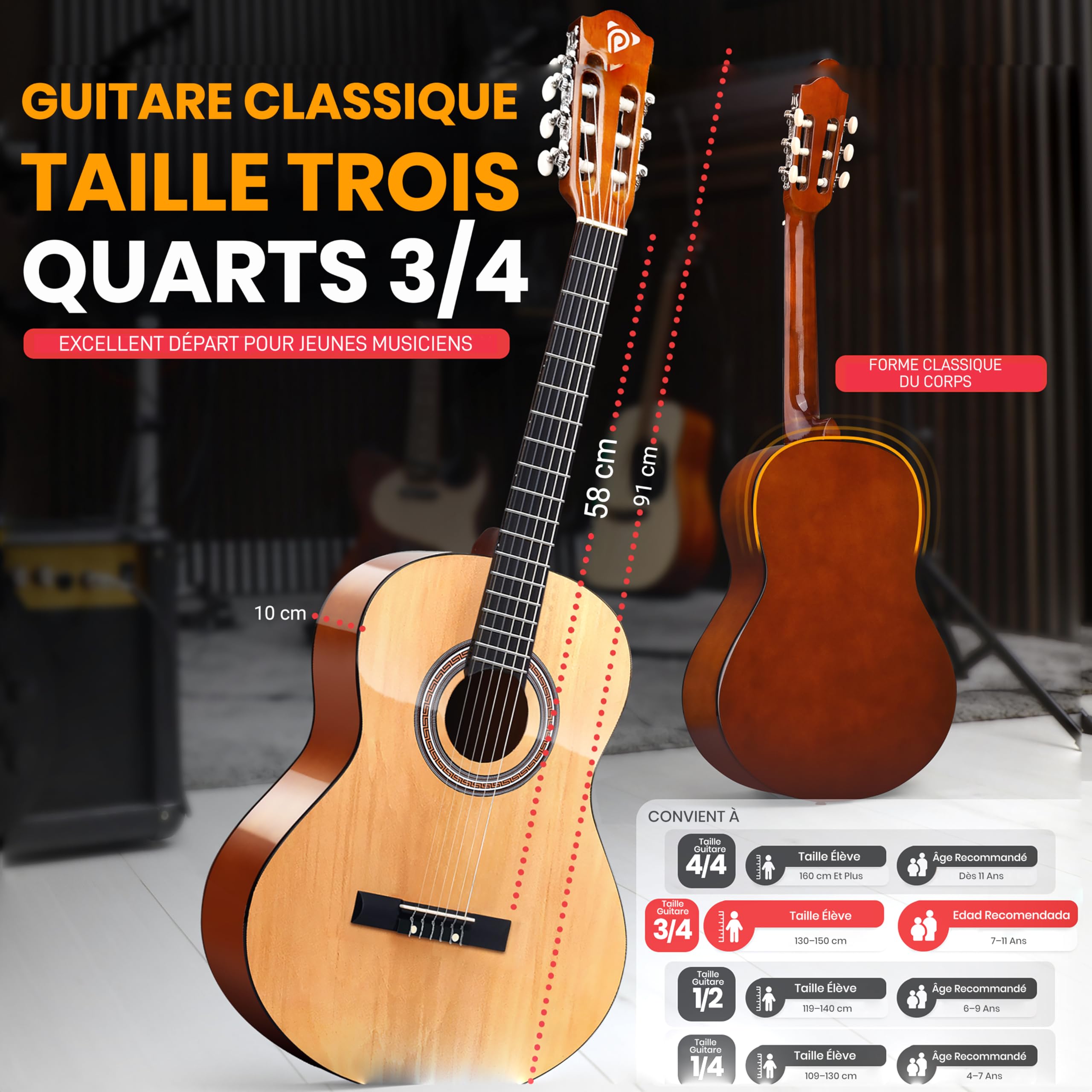 Pyle Guitare Acoustique pour Gauchers de Taille ¾ – Guitare Classique à 6 Cordes 36” pour Débutants avec Étui, Accordeur Numérique, Sangle, Cordes, Médiators – Idéale pour Étudiants Gauchers