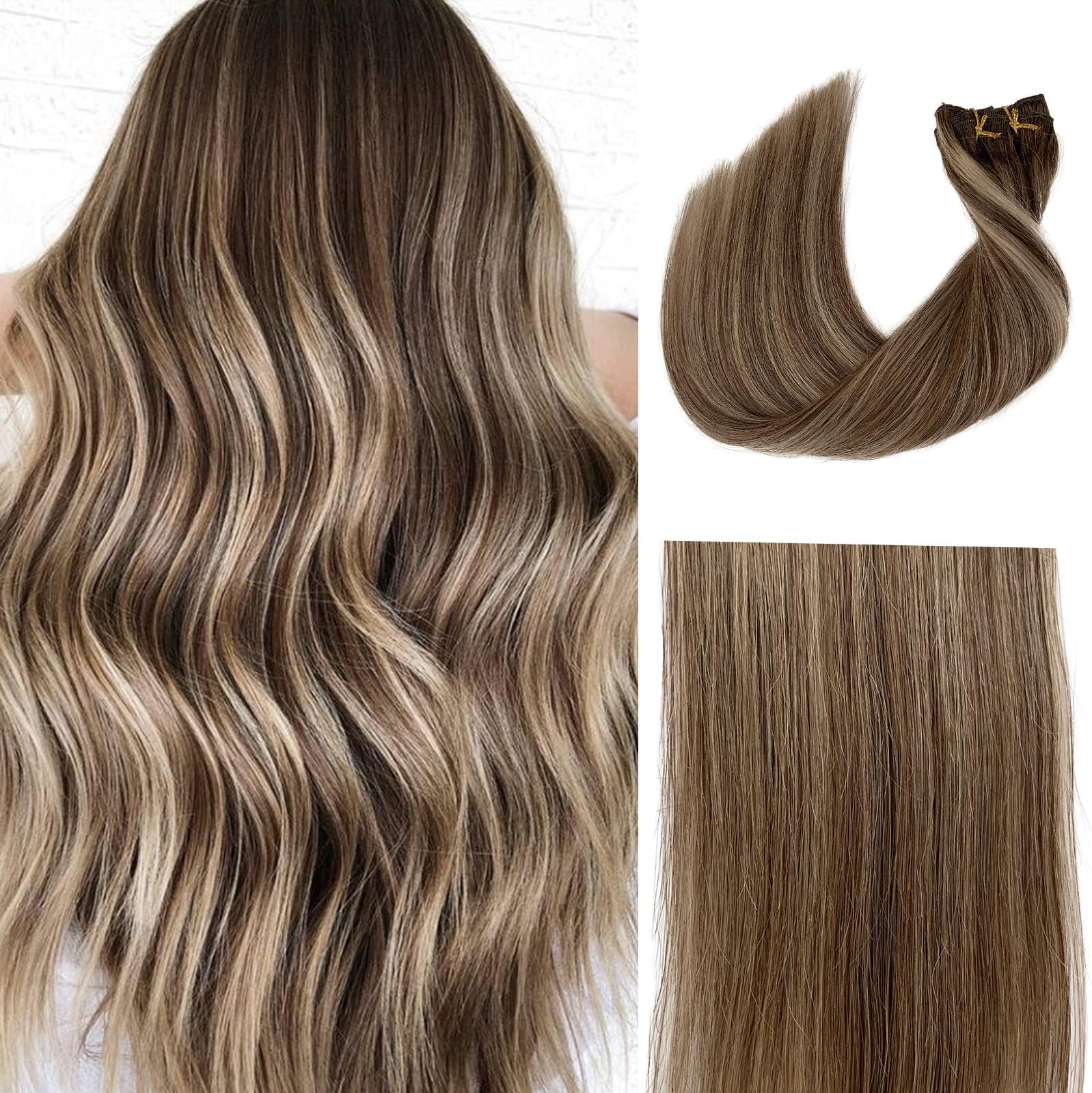 Balayage Ombre Clip in Hair Extensions Human Hair Brown to Light Brown and Beige Blonde Real Hair Extension 15 Inch Short Blonde Highlights Clip ins 70grams 7pcs