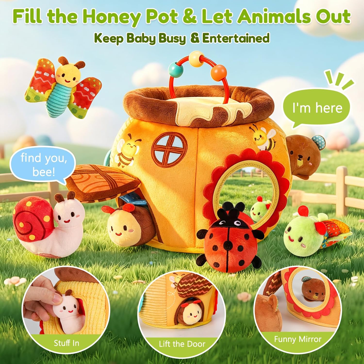 Baby Sensory Toys 6-12 Months, Soft Honey Jar with 6 Sensory Stuffed Animals, Montessori Toys for 1 Year Old with Rattle, Crinkle Squeaker Mirror Infant Tummy Time Toys, Toddler Baby Gifts