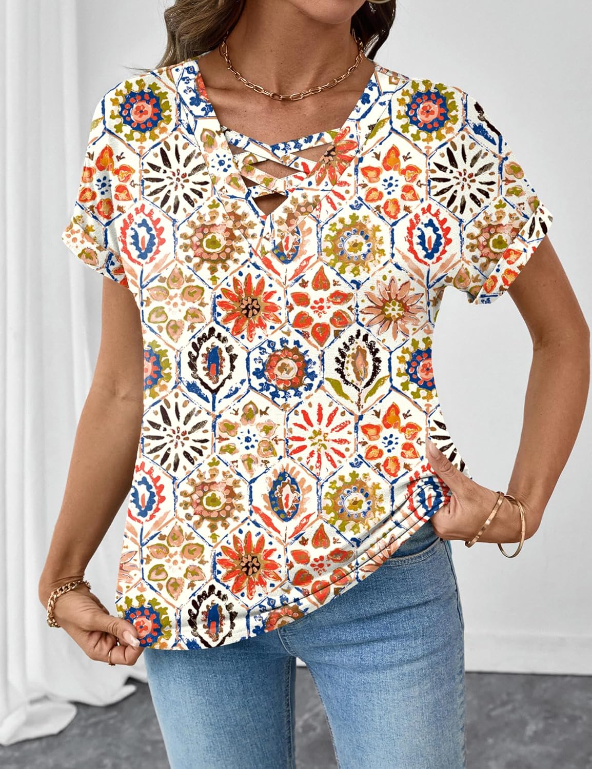 Rapbin Short Sleeve Shirts for Women Spring Tops for Women 2026 V Neck Criss Cross Tees Womens Summer Tops - Image 4