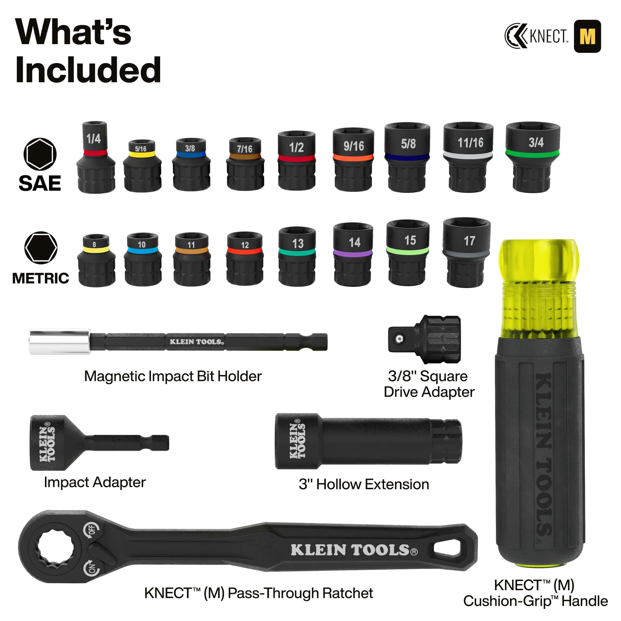 Klein Tools 65400KNECT KNECT Essential Pass Through Impact Socket Set, SAE and Metric, 90-Tooth Ratchet, MODbox Case, 3/8-Inch Drive, 28-Piece