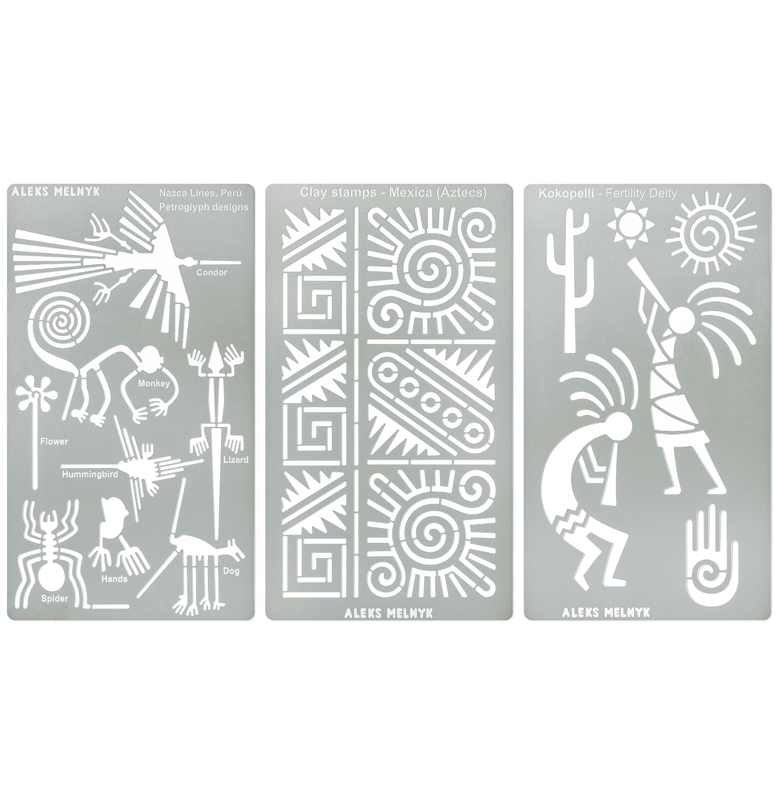 Aleks Melnyk No.494 Metal Stencils, Kokopelli Fertility Deity, Petroglyph Designs, Small Stencils, 3 PCS, Template for Wood Burning, Engraving,