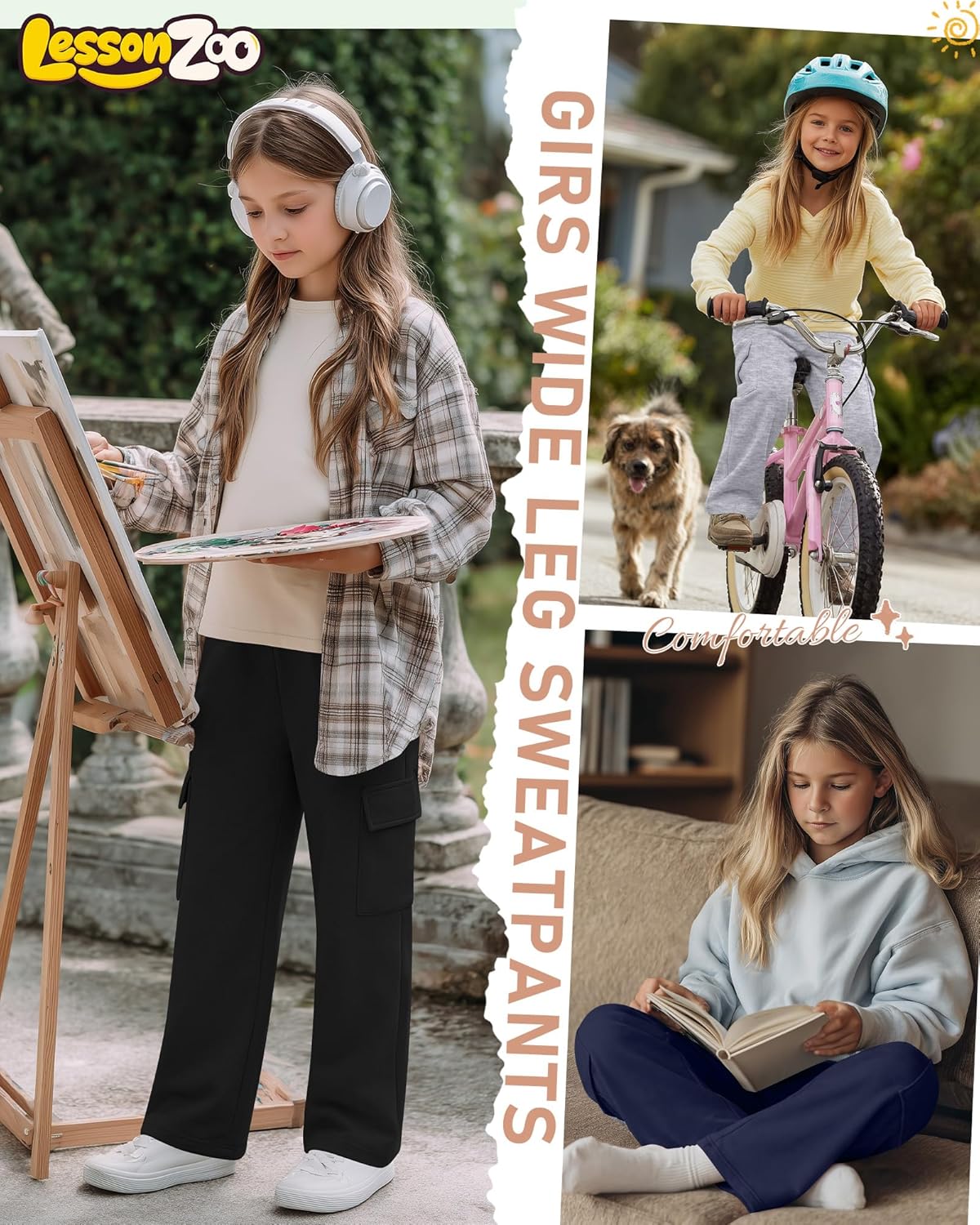 3 Pack Girl's Wide Leg Sweatpants Cargo Pants Lightweight Baggy High Waisted Joggers Teen Girl Pants with Pockets - Image 2