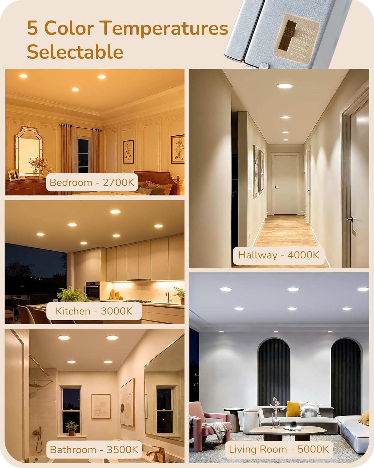 EDISHINE 12 Pack 6 Inch Recessed Lighting with Night Light, 5CCT Dimmable LED Recessed Lighting, 13W 1100LM CRI 90+, Canless Light Fixtures for Kitchen, Living Room