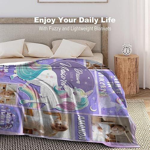 Miniatura 2 de Artsadd Manta personalizada para niños con patrón de unicornio, manta de bebé personalizada con foto y nombre para niños pequeños, manta