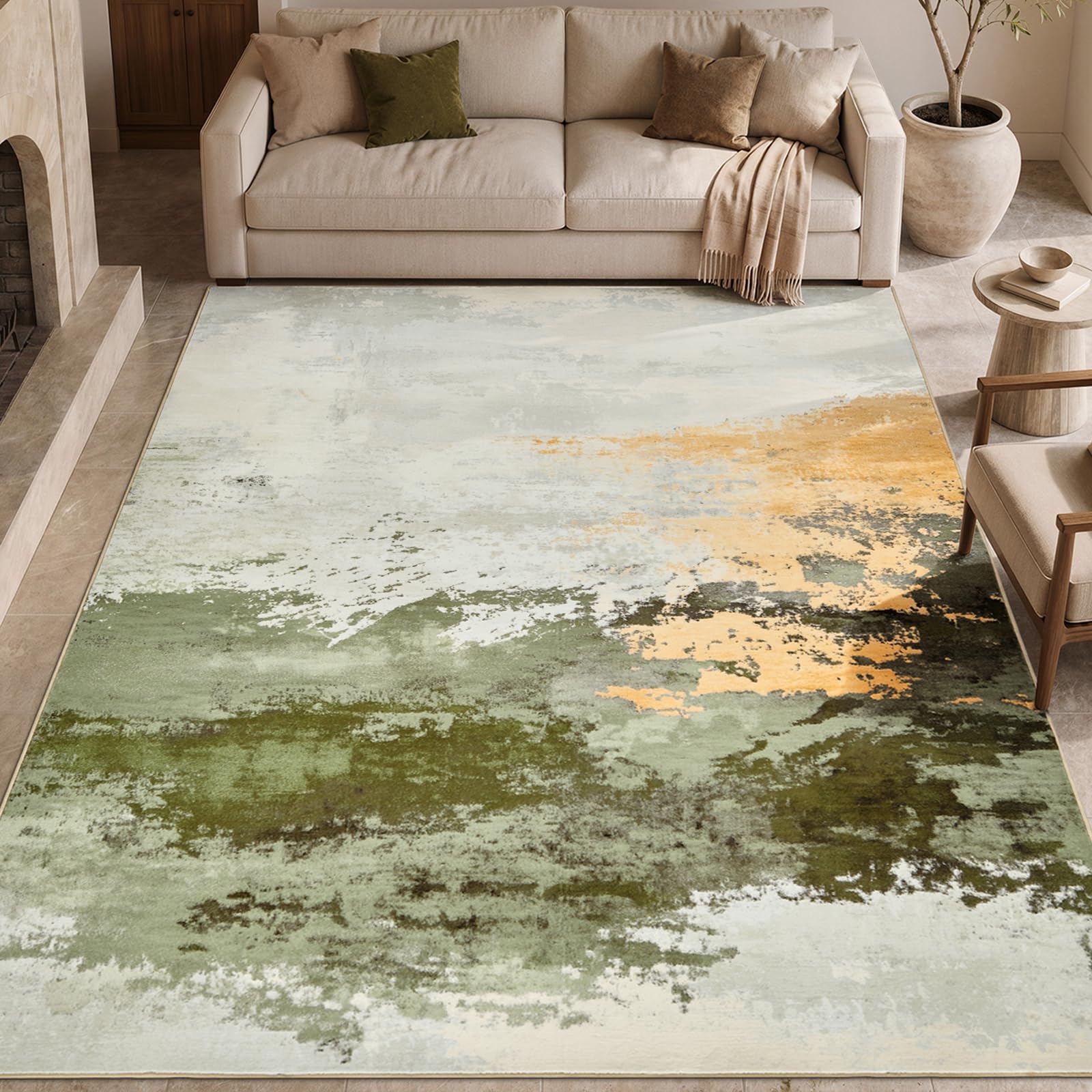 TOPICK Abstract Living Room Rug 160x230, Green, Cashmere Texture, Washable