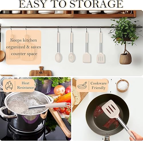 Miniatura 4 de TeamFar Utensilios de cocina, 4 piezas de utensilios de cocina de silicona, espátula con mango de acero inoxidable, para freír, mezclar, drenar,