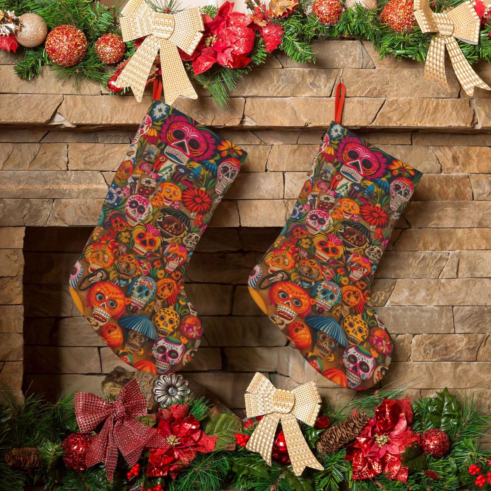KLOPH Christmas Stockings 18" Personalized Xmas Stocking Mexican Folk Art Decoration Stocking Hanging Fireplace Stocking for Holiday Xmas Tree Christmas Fireplace Decor