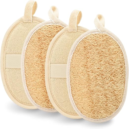 olyee Natural Loofah, 4 Pack Exfoliating Sponge Face Wash Pads Body Loofah Skin Bath Loofah Back