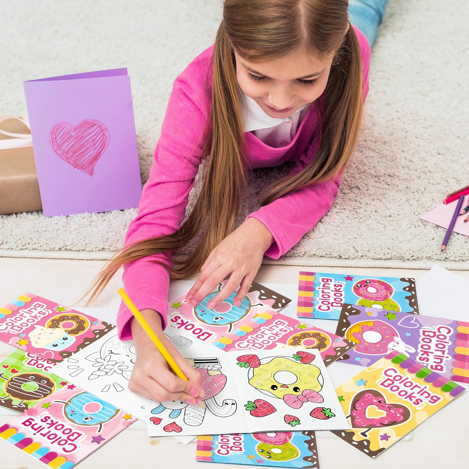 48Pcs Valentine's Day Coloring Books for Kids Bulk Donut Mini Coloring Booklet DIY Art Drawing Book with Dessert Doughnut for Toddlers Birthday Valentine's Day Party Favors Goodie Bag Filler