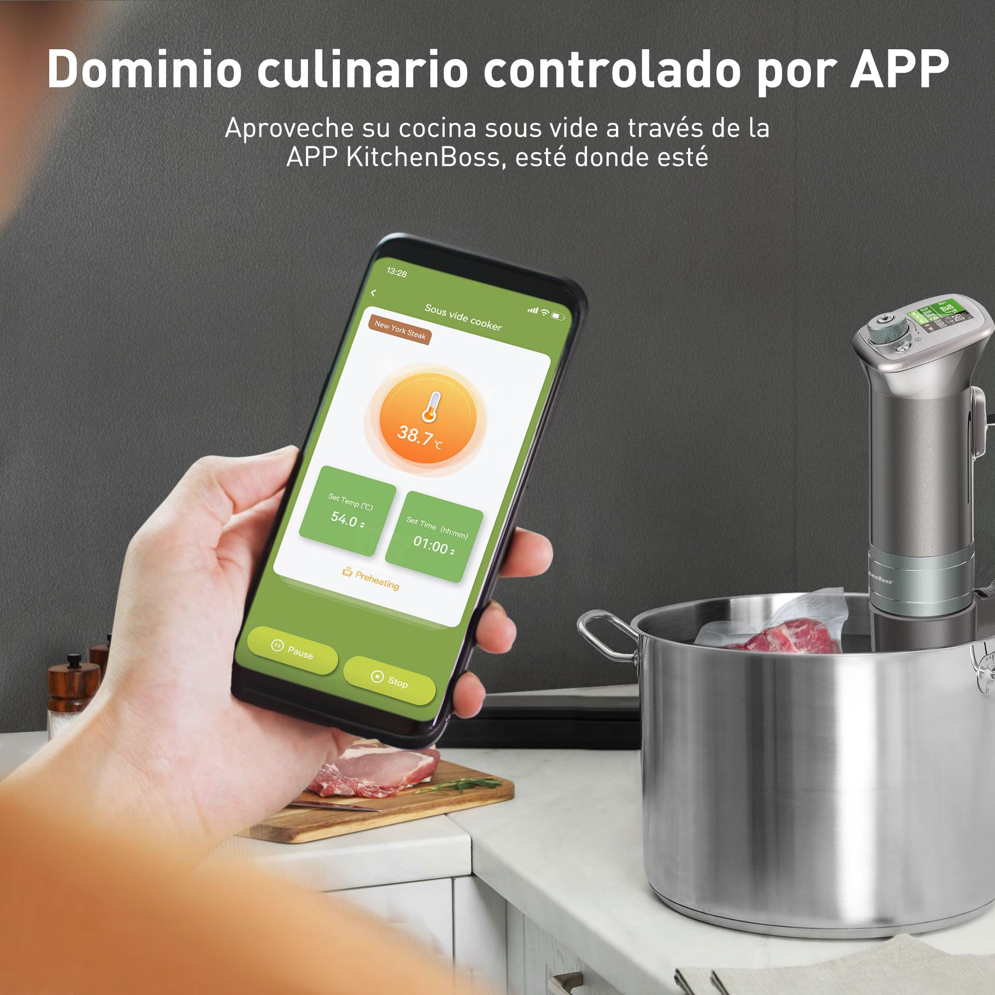 KitchenBoss Sous Vide Roner WIFI: Roner Cocina Baja Temperatura,Inmersión a Prueba de Agua IPX7 Circuladores Control de APP y Temperatura de Precisión TFT táctil Muy tranquilo 40℃-90℃ 1100W