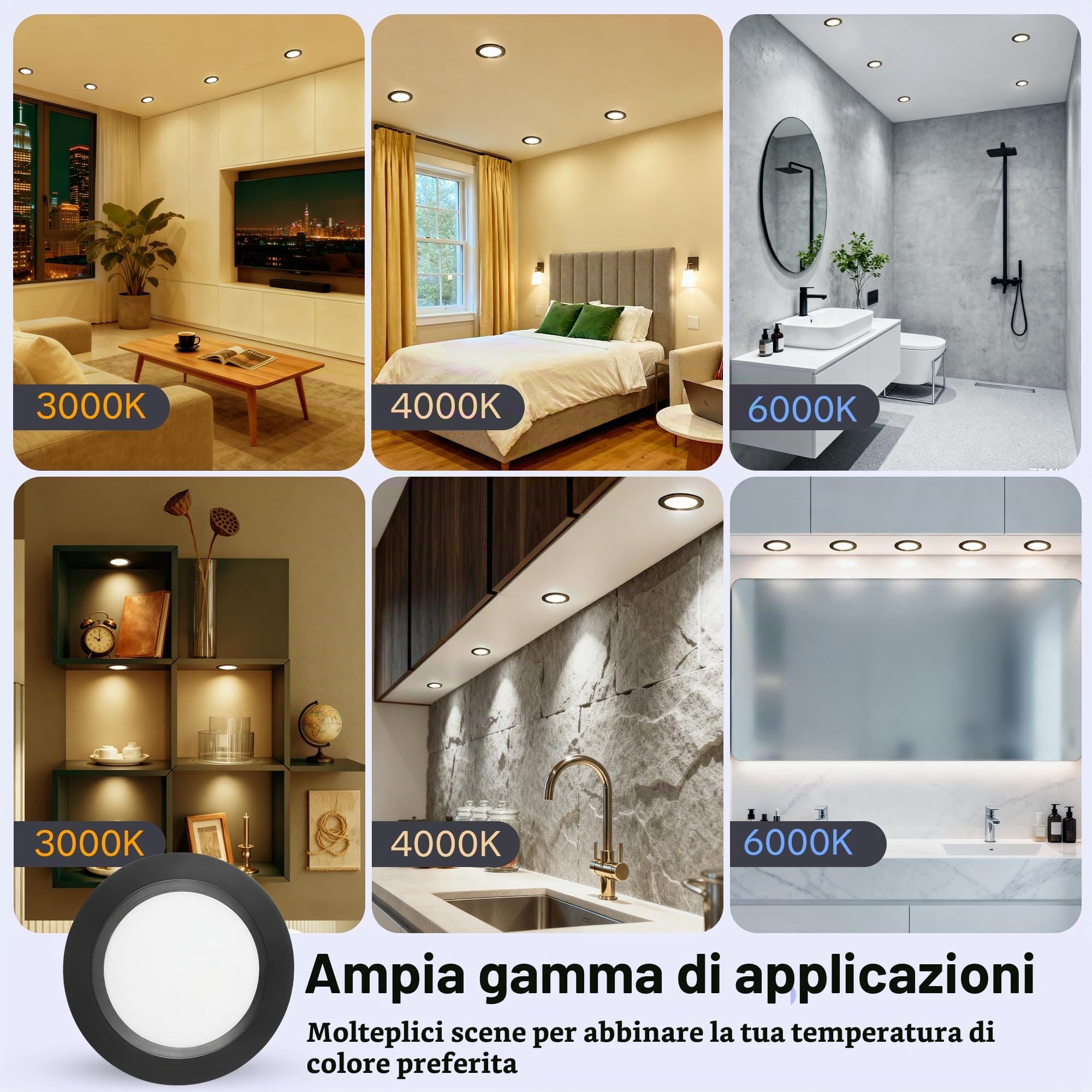Set di 3 Faretti LED da Incasso per Cartongesso 220V, 3.5W Alluminio Faretto da Incasso 3000K 4000K 6000K, 300LM IP44 Faretti LED Soffitto Foro 55-58mm e 12mm Ultrapiatto per Bagno, Nero