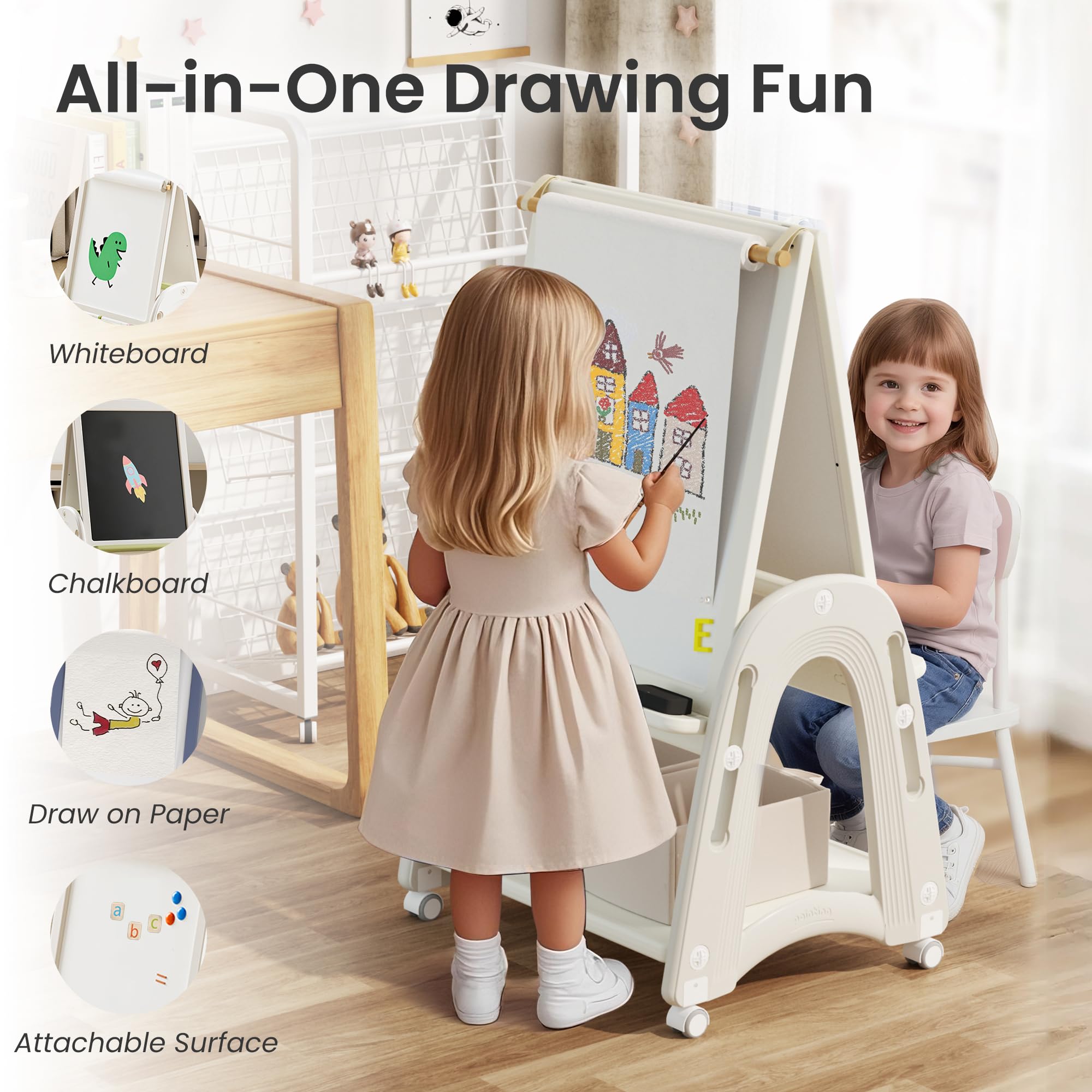 Chevalet Artistique 3-en-1 pour Enfants avec Rouleau de Papier, Tableau Double Face avec Tableau Blanc et Ardoise, Hauteur Réglable, avec Accessoires de Dessin, Blanc