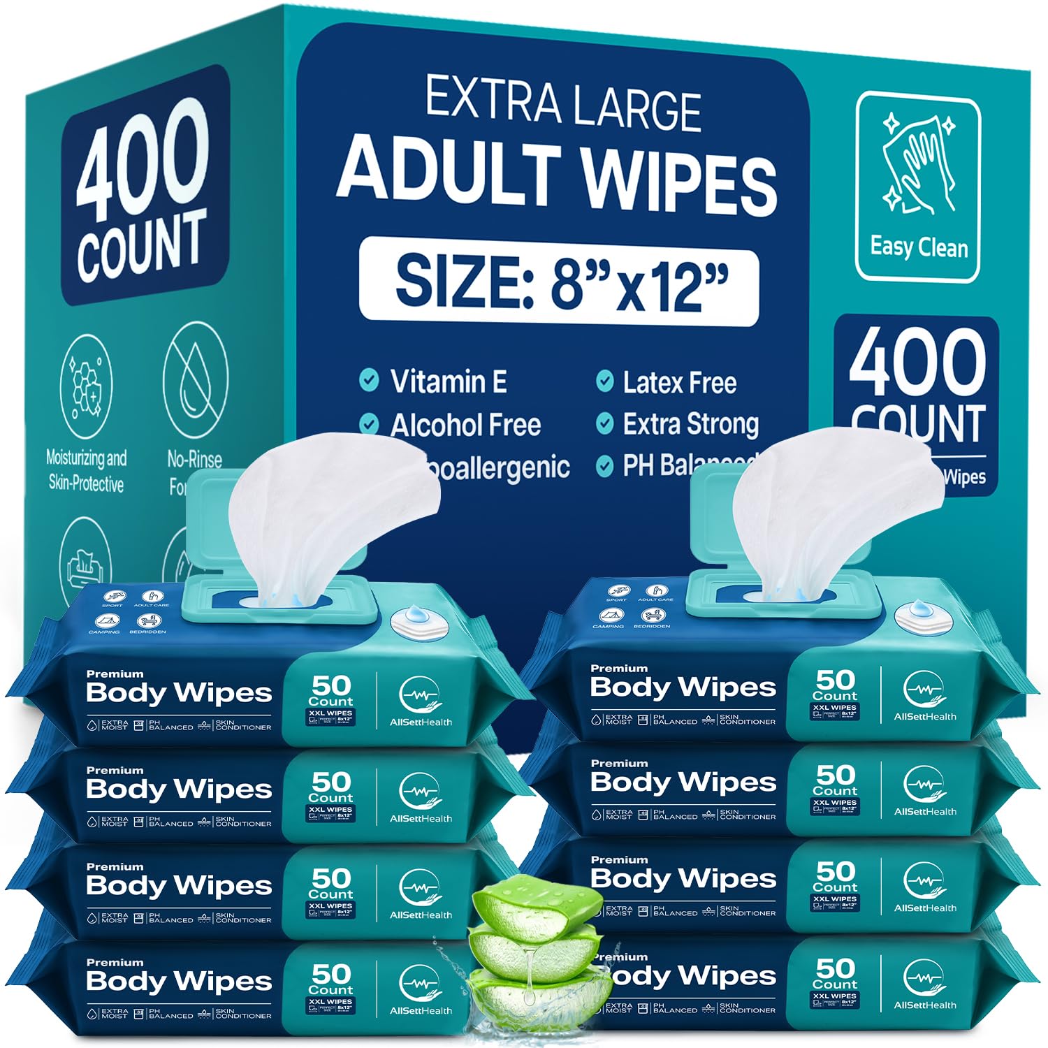 Chusteczki do ciała dla dorosłych - XL mokre chusteczki 8" x 12" (liczba 400) | Rinse Free Bathing Wipes - Wash Cloths for incontinence, jednorazowe chusteczki z aloesem i witaminą E - Camping