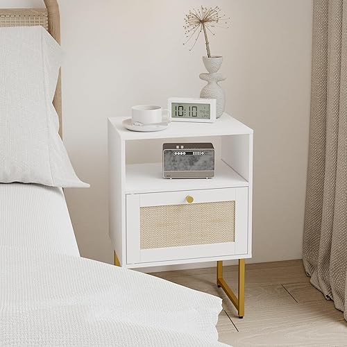 Miniatura 7 de Mesita de noche de ratán, mesita de noche de granja con cajón de almacenamiento y estante abierto, mesa auxiliar moderna bohemia con marco dorado