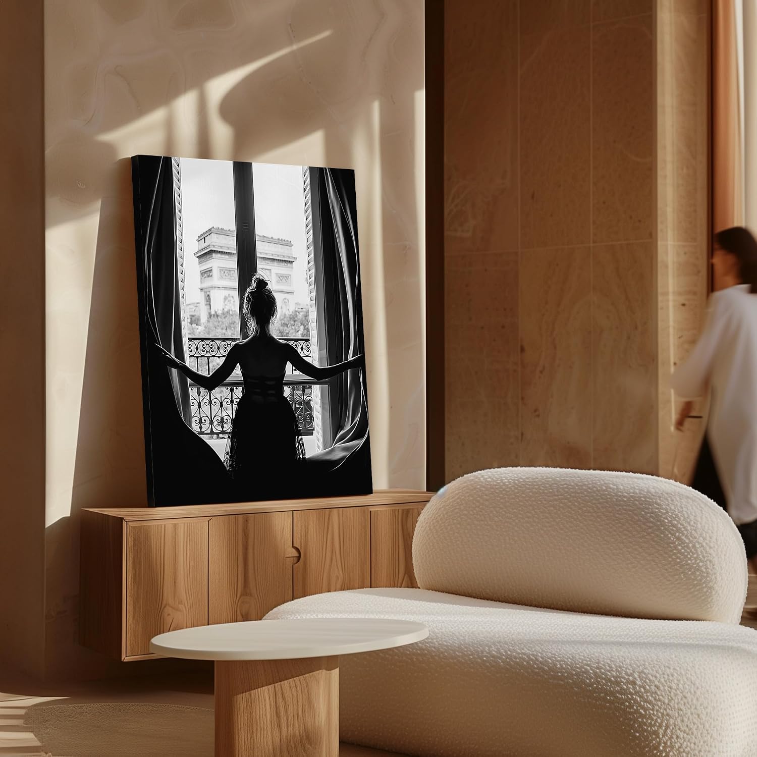 Poster Master Photograph Canvas - Retro Minimalist Print - Girl In The Open Window, Black & White, Simple - Gift for Artist, Friend - Wall Decor for Living Room, Dorm - 8x10 STRETCHED Canvas