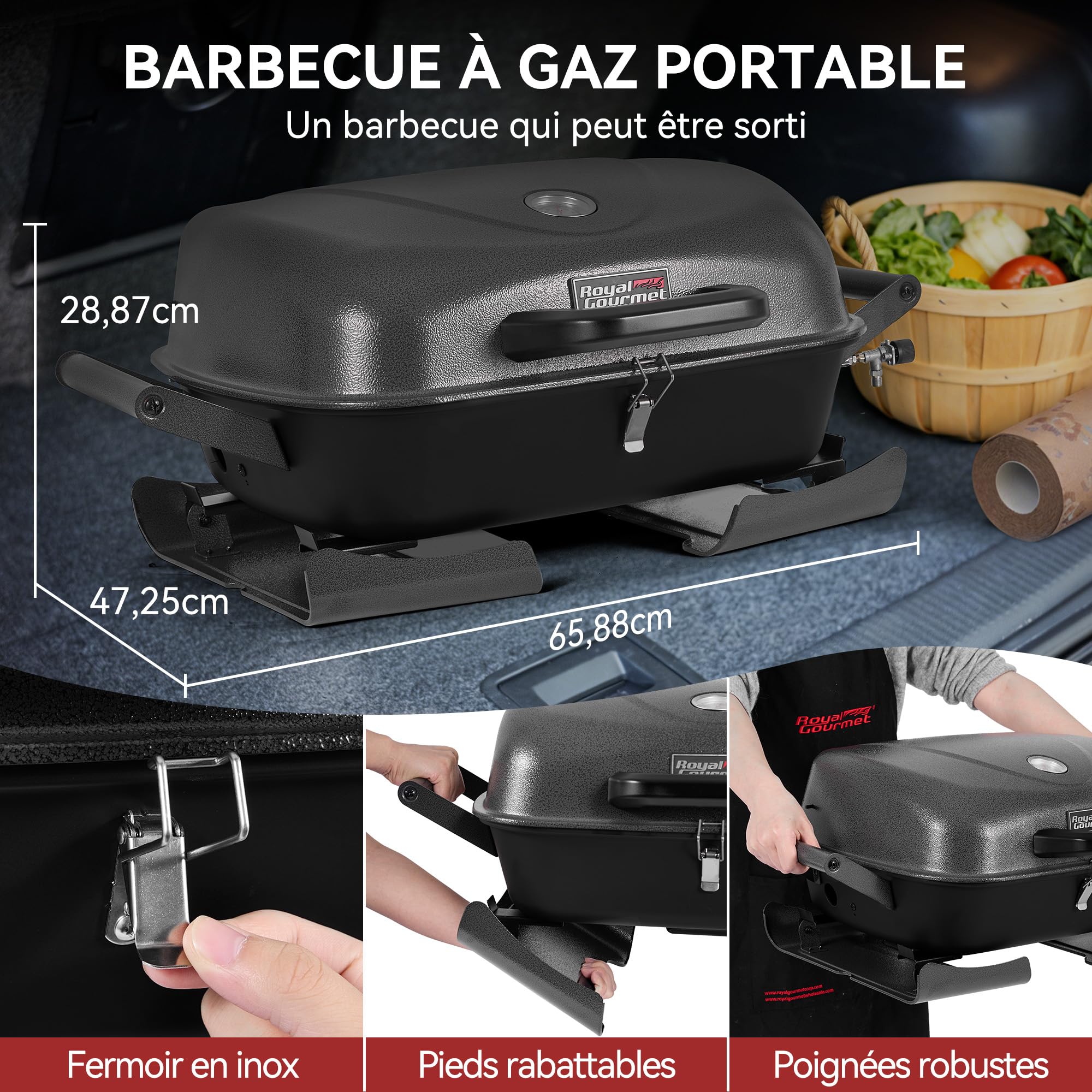 Royal Gourmert Barbecue à gaz Portable de 3,5 KW, Barbecue de Table à gaz avec poignées et Pieds rabattables, Barbecue de Camping pour Le Jardin ou la Terrasse