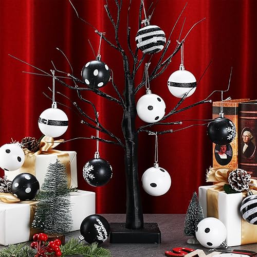 Miniatura 3 de Juego de 24 adornos de bolas de Navidad en blanco y negro de 2.32 pulgadas para árbol de Navidad, bolas de invierno, adornos colgantes de Navidad