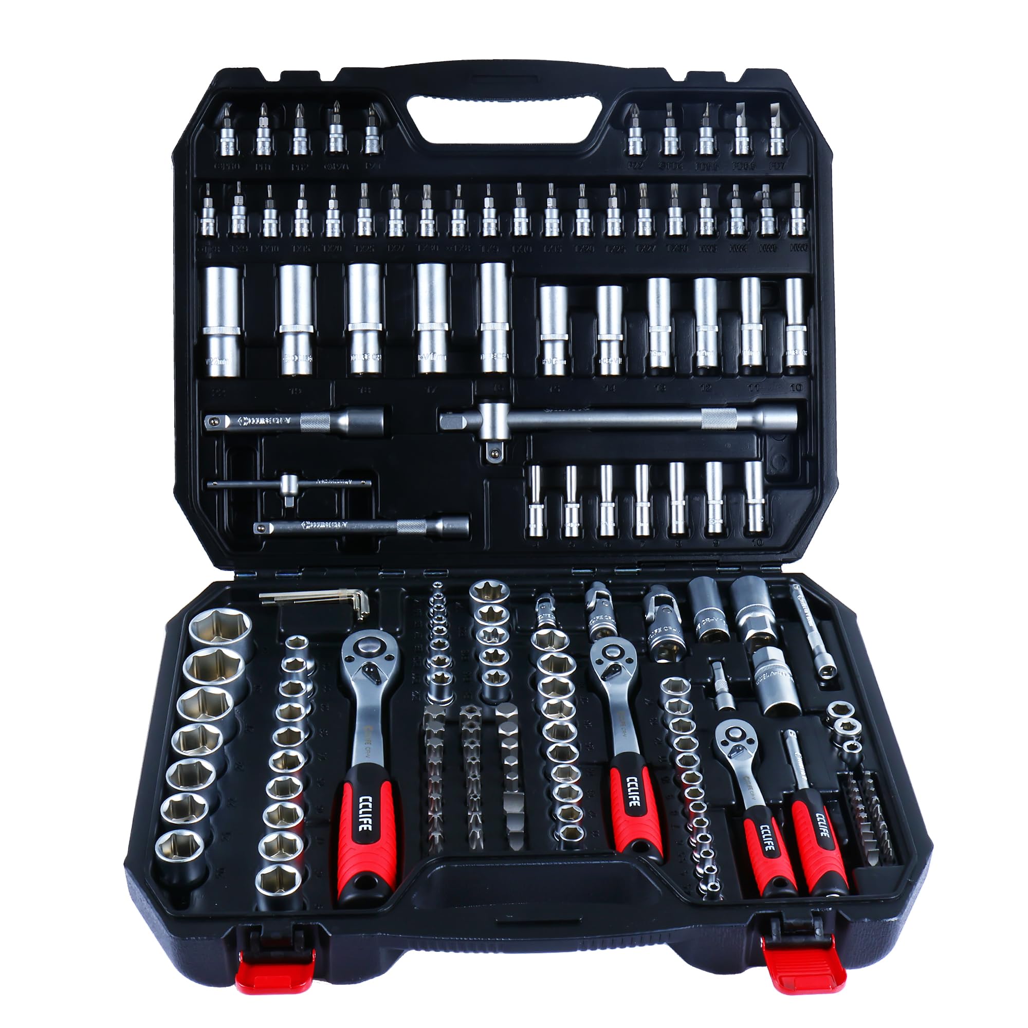 CCLIFE Zestaw kluczy nasadowych 171-częściowy – 1/4" 3/8" 1/2" skrzynka z grzechotką 72-zębową, zestaw kluczy nasadowych ze stali CrV – do samochodu, motocykla, warsztatu i majsterkowiczów