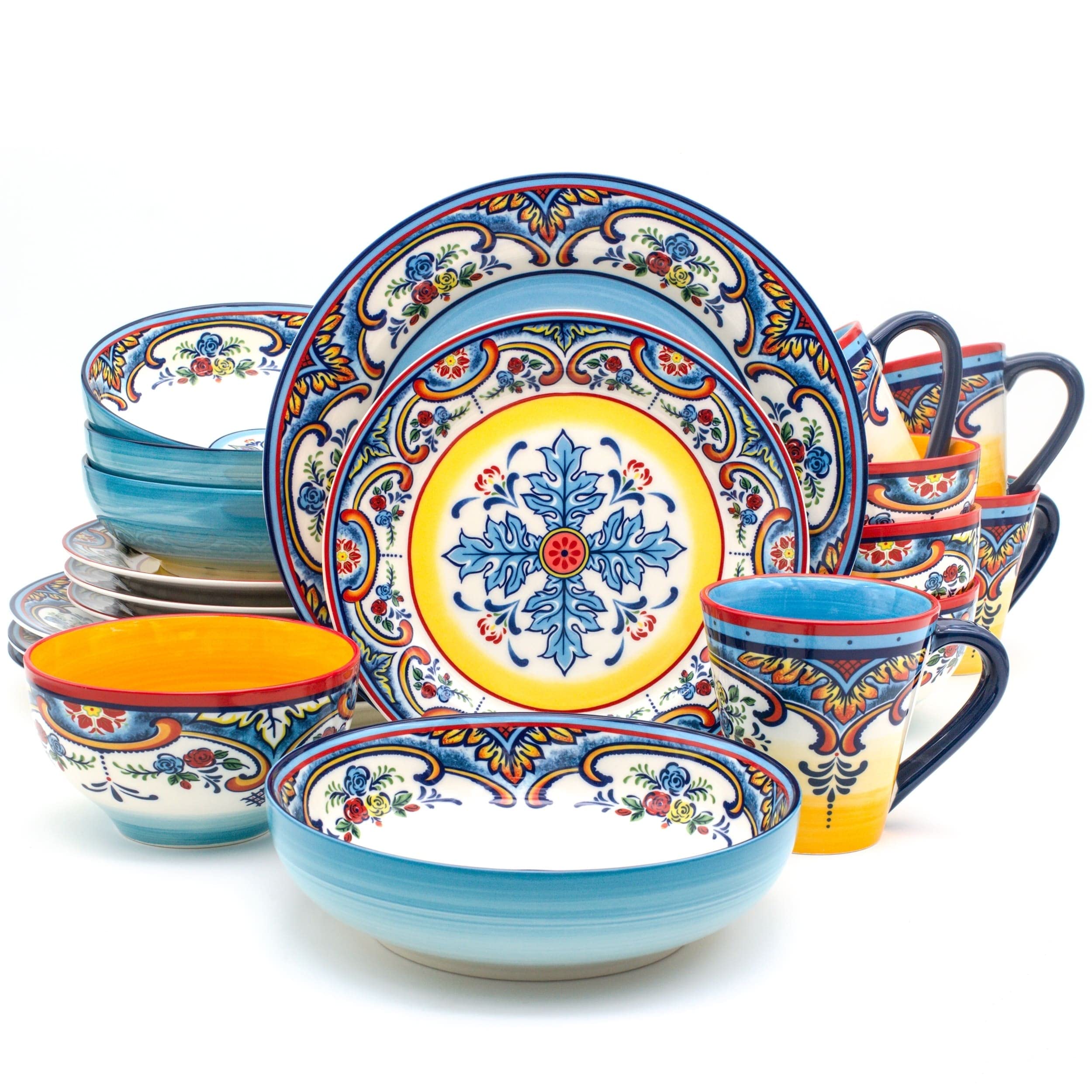 Euro Ceramica Zanzibar Collection Vibrant 20 Piece Oven Safe Stoneware Dinnerware Set, Service For 4, Spanish Floral Design, Multicolor