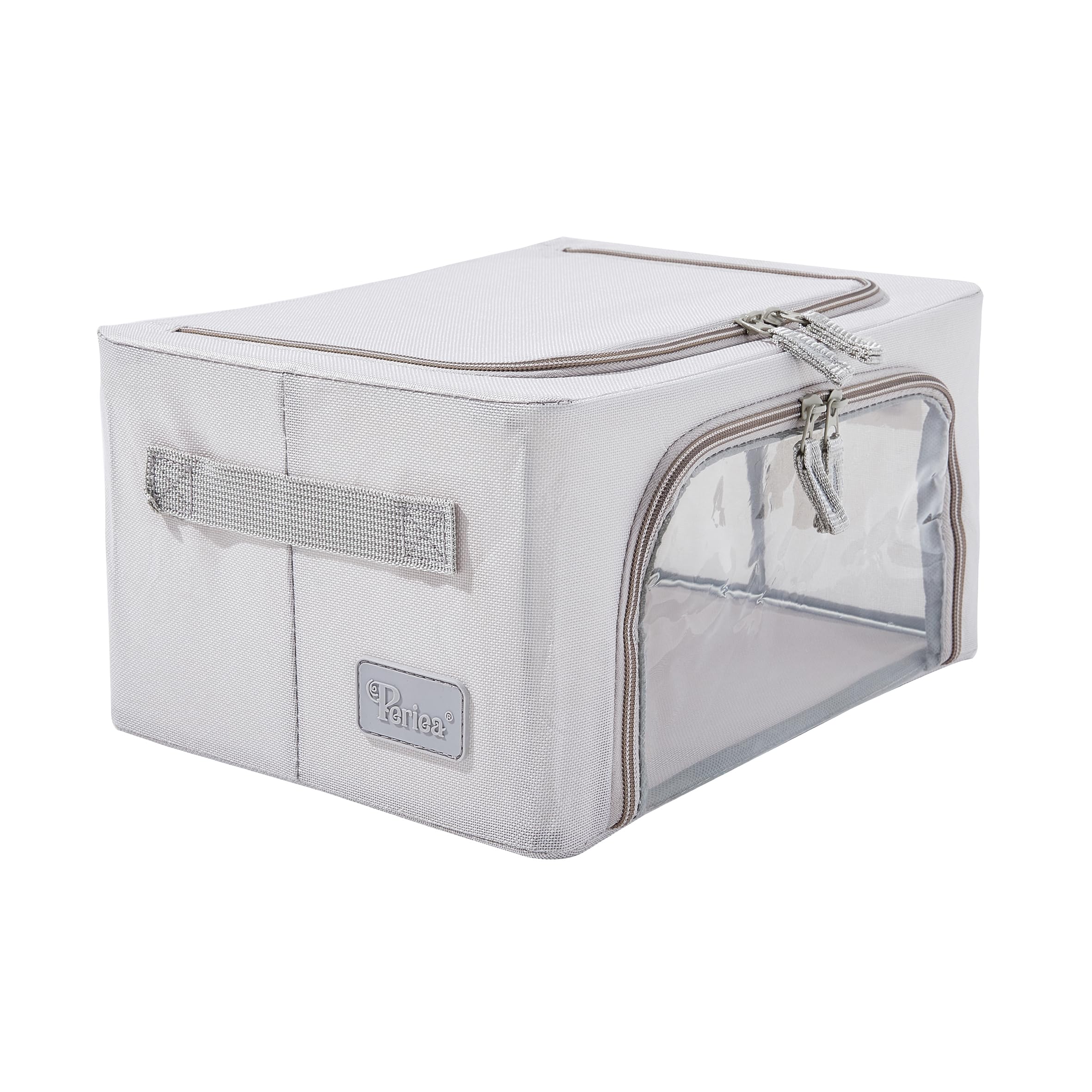 Periea ‘Beau’ Folding Collapsible Stackable Fabric Home Storage Boxes with Steel Frames (Grey, Compact)