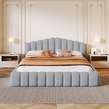 VilroCaz Upholstered Queen Size Grounded Bed with Shell-Shaped Headboard, Velvet Fabric Floor Platform Bed with Sturdy Slat Support for Bedroom Light Blue-B1