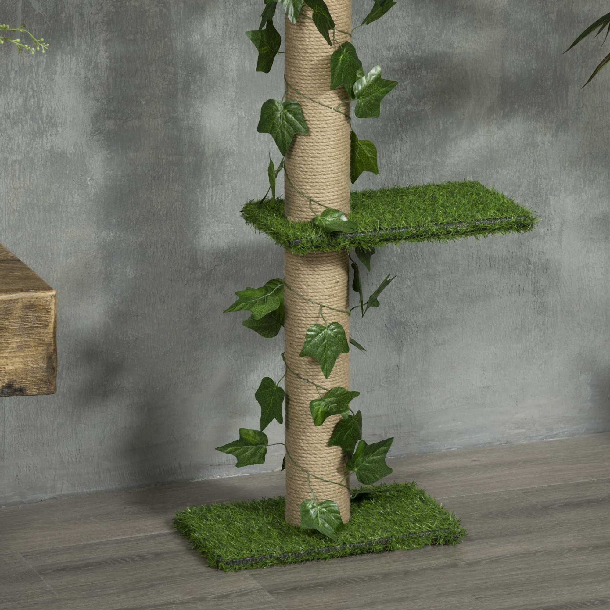 PawHut Arbre à Chat Poteau à griffer Fixation Plafond Hauteur réglable 37 x 21 x 202-242 cm 4 Niveaux - Gazon et Feuilles artificiels Vert