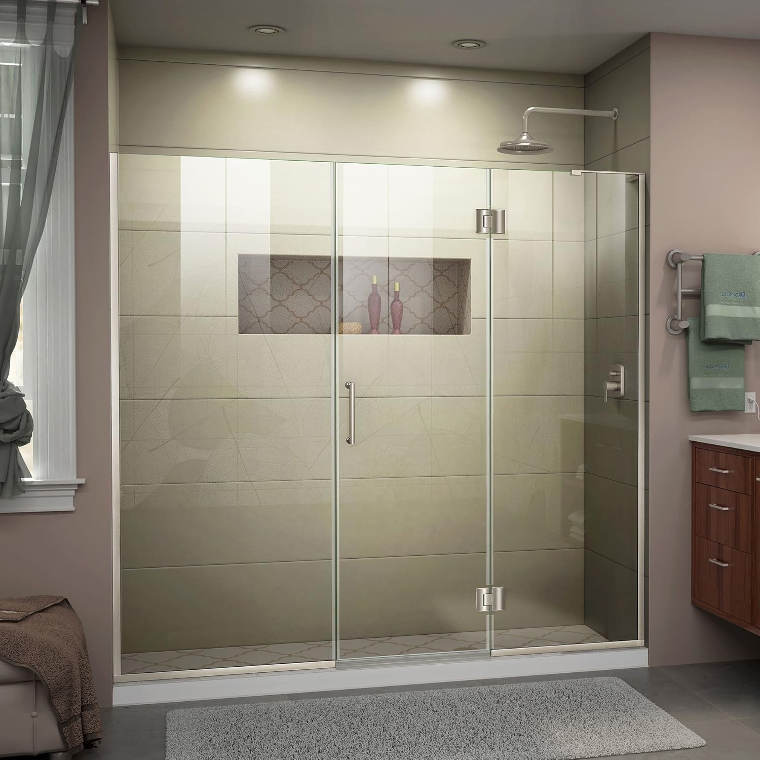 DreamLine Unidoor-X 63 - 63 1/2 inch W x 72 inch H Frameless Hinged Shower Door in Brushed Nickel - Right Wall Installation