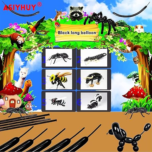 Miniatura 5 de Paquete de 260 globos largos, 100 globos negros de animales torcidos, globos mágicos largos de látex grueso para modelos de animales, Halloween
