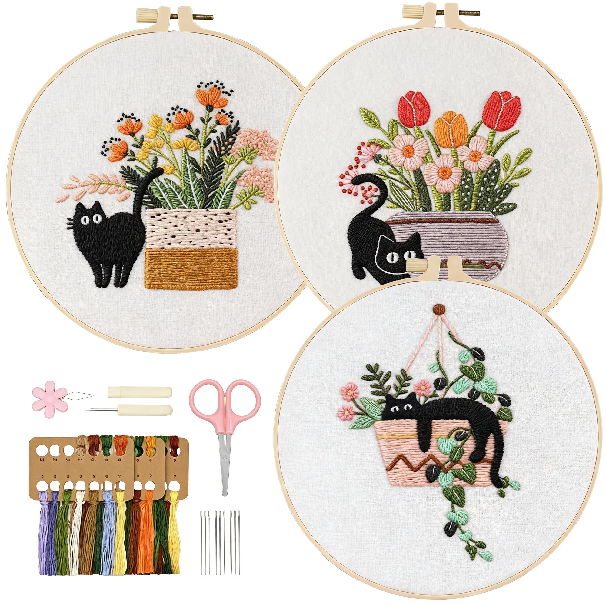 WYIPOLZI 3 Pcs Embroidery Kit for Beginners, DIY Hand Embroidery Starter Kit with Pre-Printed Cat Pattern, Hoop & Embroidery Accessories, DIY Stitch Craft Set for Adults, Sewing Gift Set
