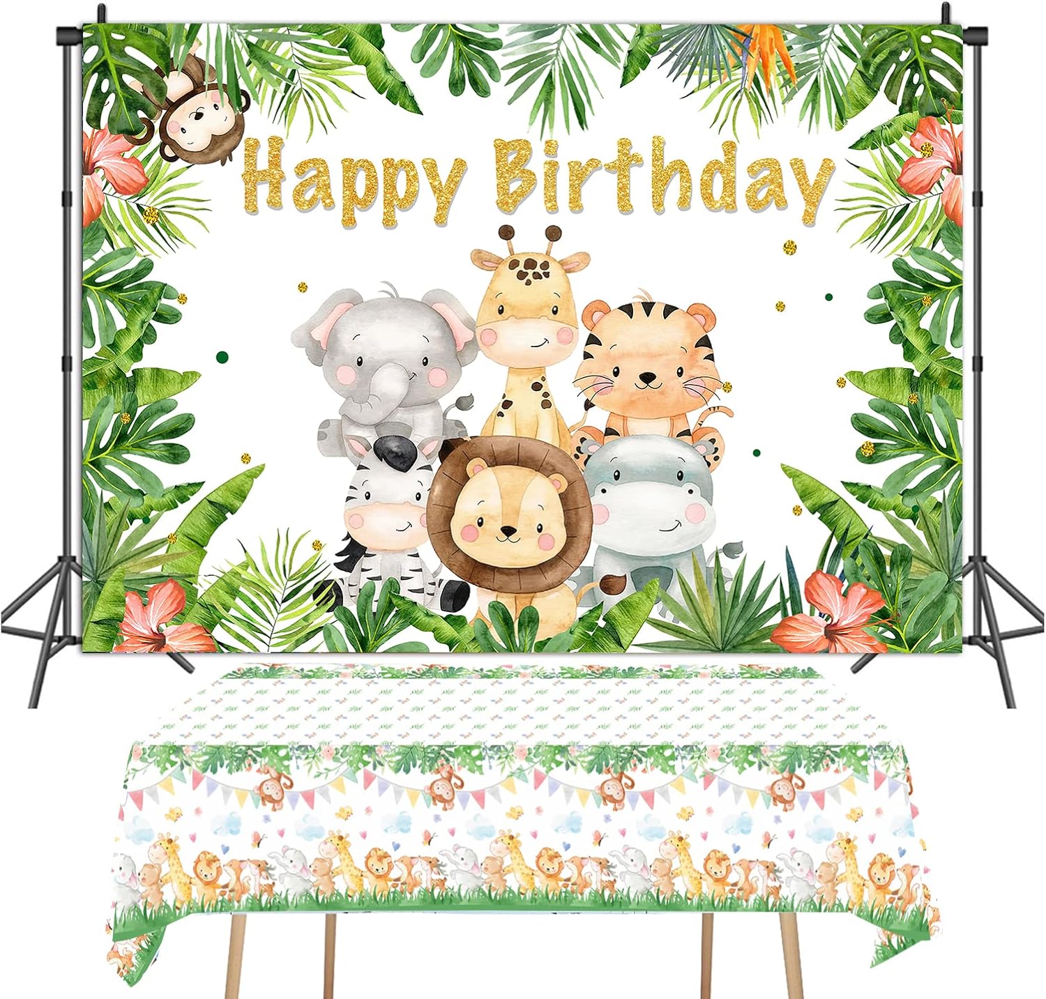 MAYSUN-0505 Wild Animals Happy Birthday Backdrop 6x4ft with Tablecloth 220x130cm Tropical Jungle Safari Theme Party Backdrop Kid's Birthday Party Cake Table Decoration Supplies