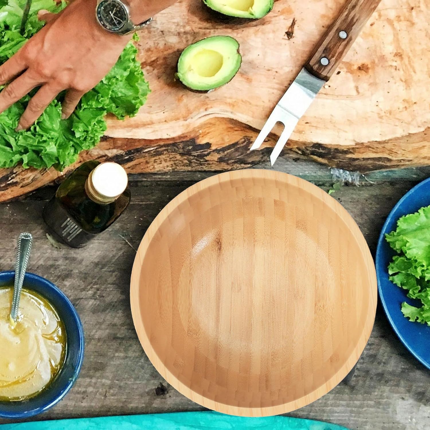 Bamboo Salad Bowls, 8 Inch Big Round Bamboo Wooden Bowls for Salads/Fruits/Pasta/Vegetables, 49 Fl oz Handcraft Serving Bowl for Entertaining and Party, Rustic Home Decor Set of 2 - Image 4