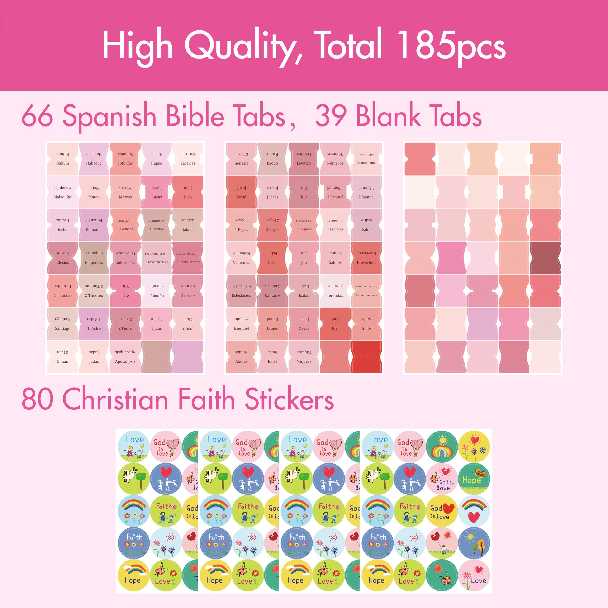 105 Pestañas de Índice de la Biblia en Español, Juego de Pestañas Laminadas, Pestañas Autoadhesivas de la Biblia, 80 Adesivos de Fe Cristiana con una Guía de Alineación (Rosa)