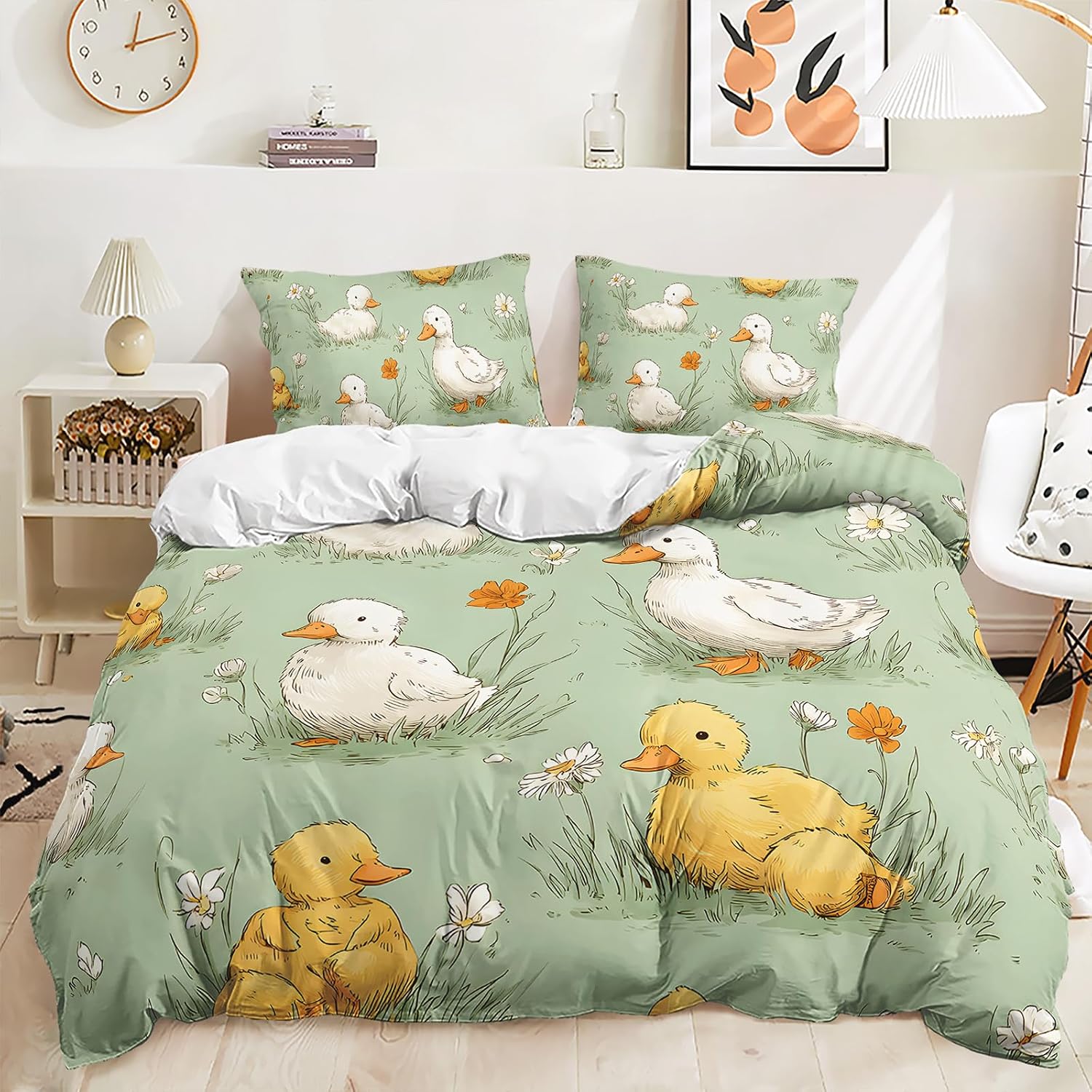 AILONEN Cartoon Duck Duvet Cover Set Twin Size, 3 Piece White and Yellow Ducks Soft Bedding Set,Grass Green Comforter Cover with 2 Pillowcases