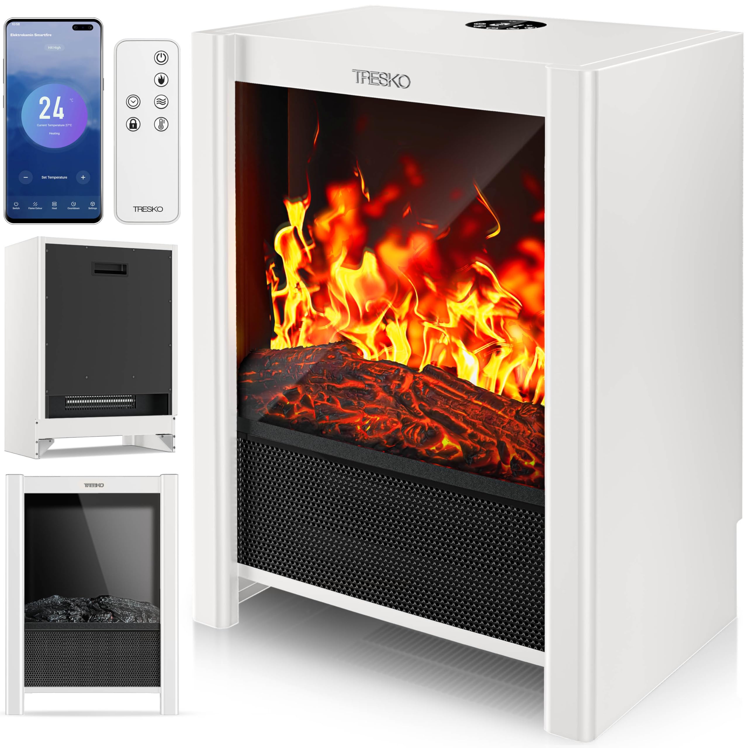 TRESKO® Elektrokamin mit Heizung & Fernbedienung 2000W, WiFi App | Kamin elektrisch LED-Flammeneffekt & LCD-Display | Kaminfeuer mit Thermostat, Timer | Elektro Kaminofen Standkamin Heizlüfter