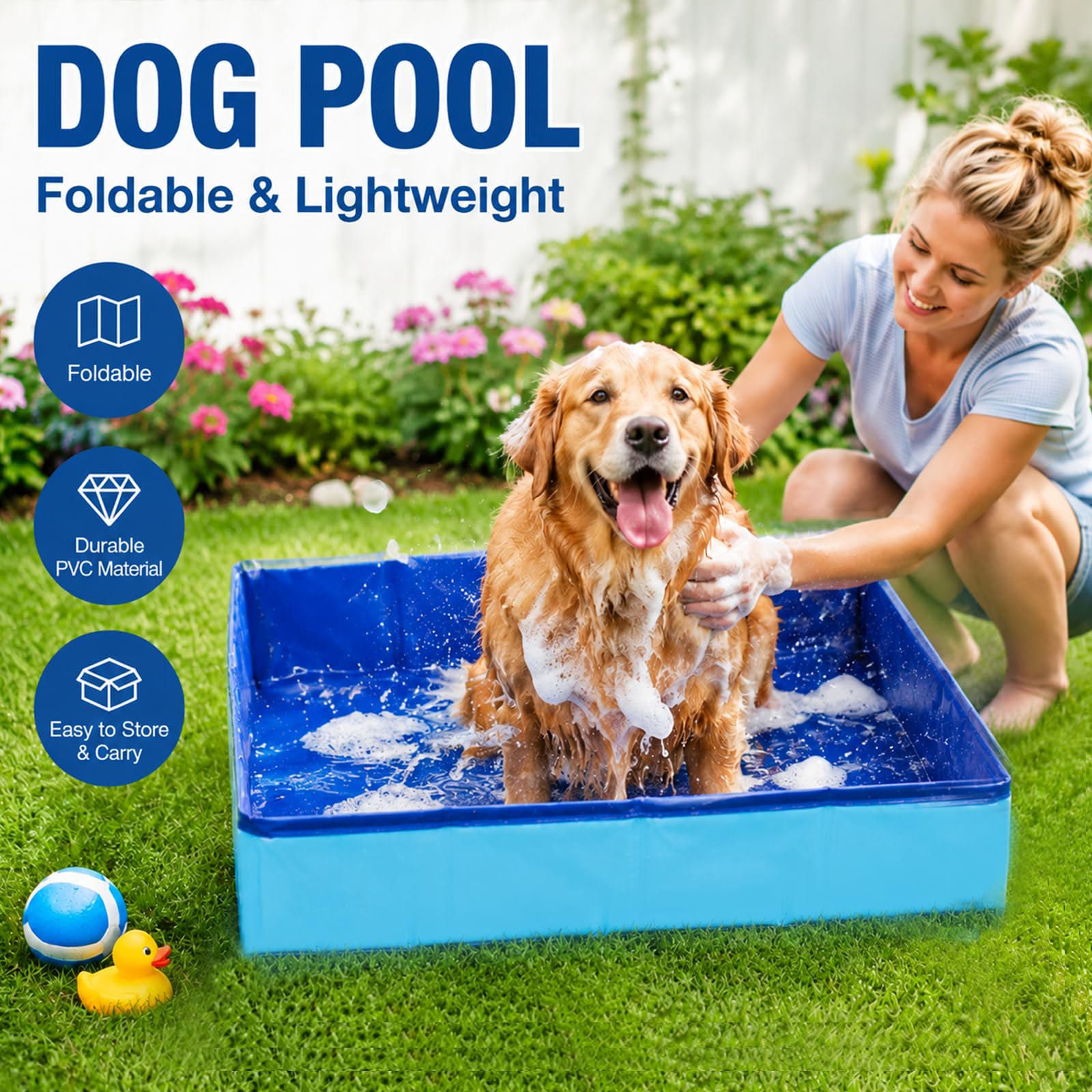 Hundepool Klein, 50 x 50 cm Katzenpool Faltbare, PVC Planschbecken für Kleine Hunde Katze, Ohne Aufblasen, Tragbar Katzen Pool im Sommer für Schwimmbecken, Baden, und Aufbewahrung, Eckig