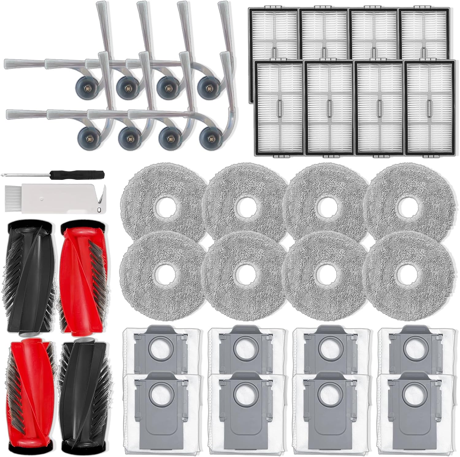 Replacement Accessories Kit Compatible with Roborock Saros 20 / Saros 20 R&D Robot Vacuum Cleaner, Replacement Parts, Includes 2 Roller Brushes, 8 Side Brushes, 8 HEPA Filters, 8 Mop Pads, 8 Dust Bags