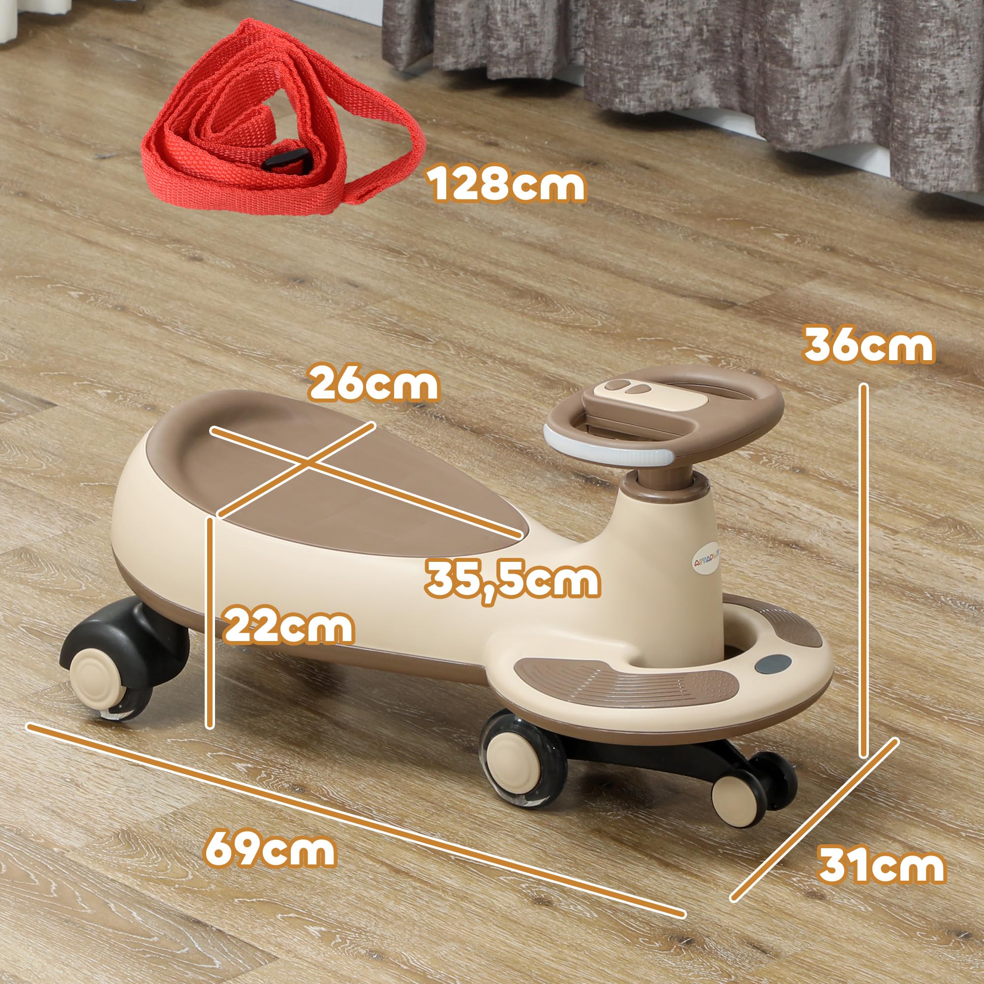 AIYAPLAY Correpasillos para Niños de +2 Años Correpasillos Wiggle con Cuerda de Tracción para Padres Música Luz y Espacio de Almacenamiento 69x31x69 cm Caqui