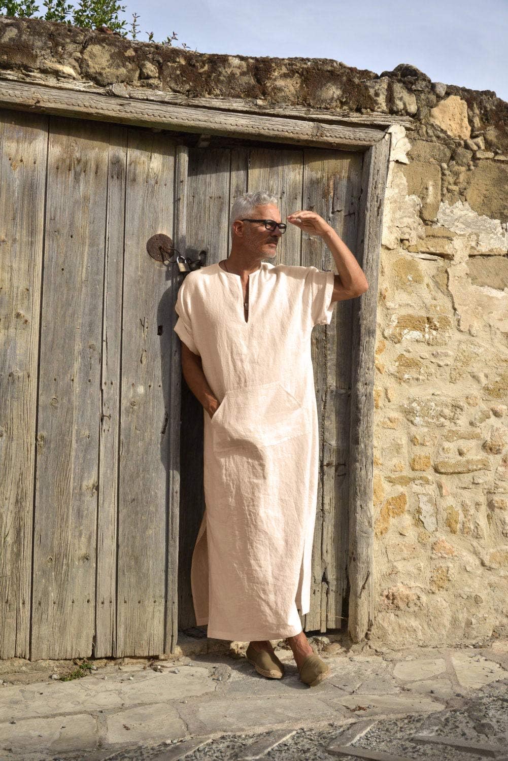 COOFANDY Men's V-Neck Linen Robe Short Sleeve Kaftan Thobe Long Gown Casual Shirt for Beach, Summer