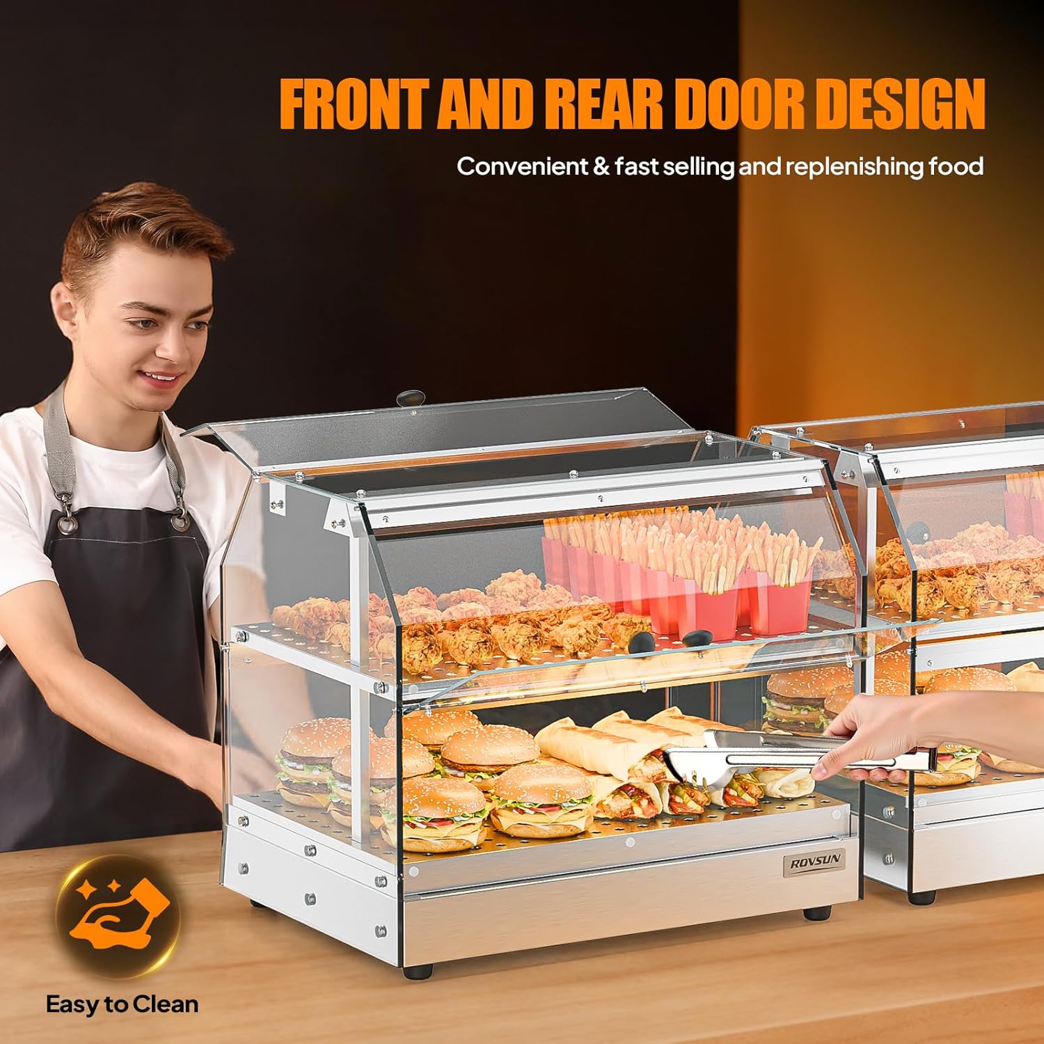 ROVSUN 2-Tier Food Warmer Pizza Warmer Countertop, Food Warmer Display Pretzel Warmer with LED Lighting Front and Rear Doors, Electric Catering Hot Box Acrylic for Buffet Restaurant Cafe