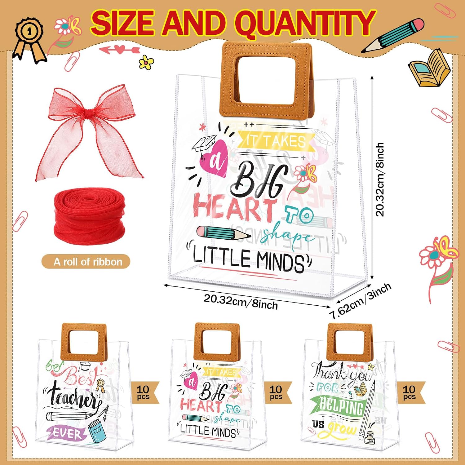 Blosssound 30 Pcs Teacher Appreciation Gift Bags Bulk 9 x 8 x 3 Inch Reusable Waterproof PVC Tote Bags with Ribbon Best Teacher Ever Gifts for Staff End of Year Thank You Present Packaging Week Ideas image 2