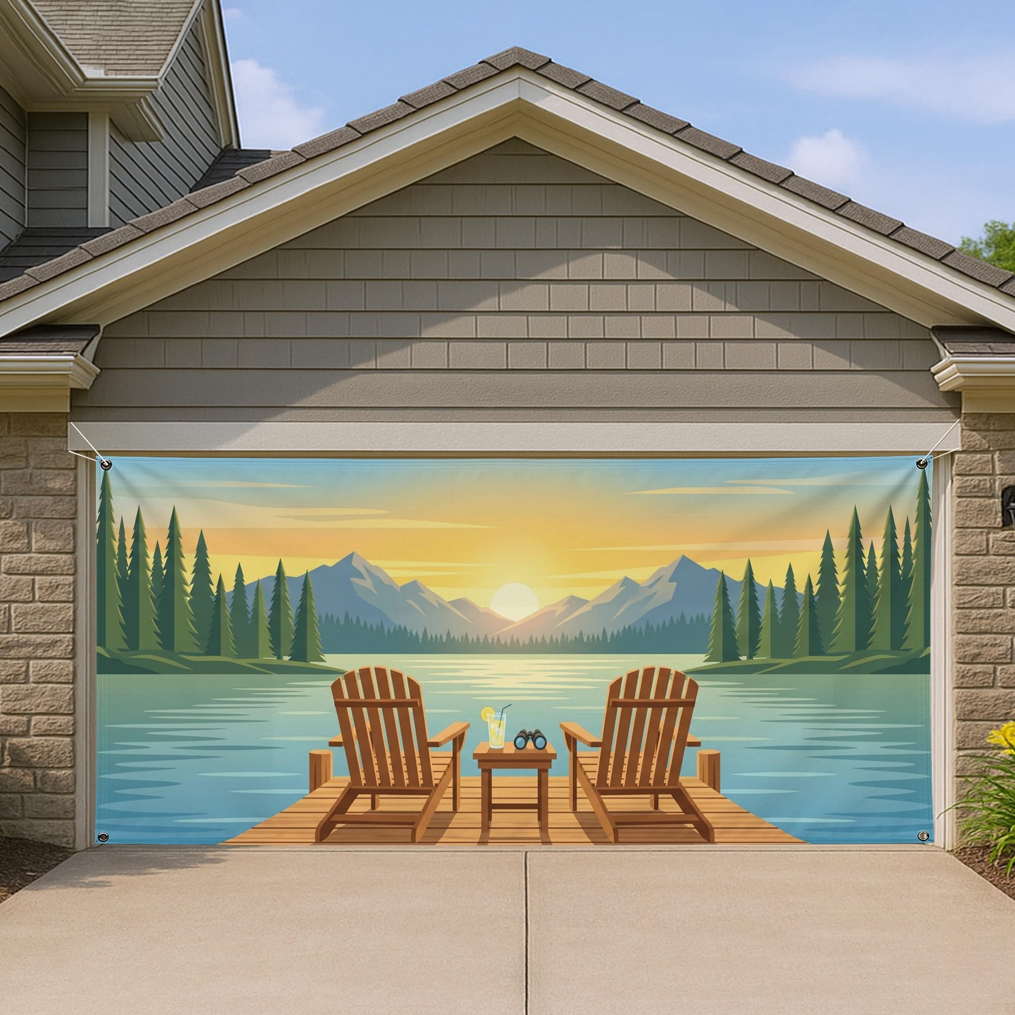Housse de porte de garage au coucher de soleil sur la montagne, décor de lac