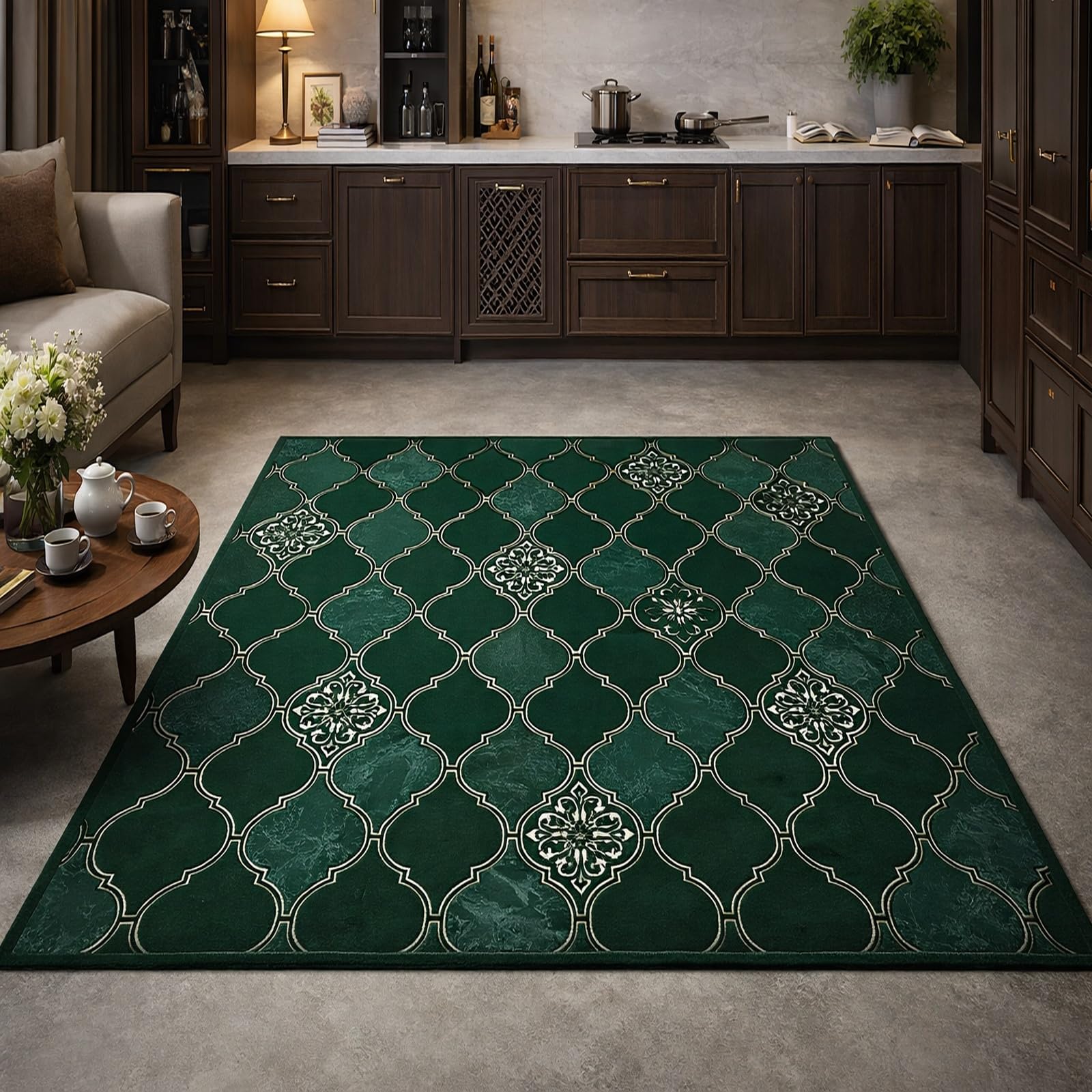 Tapis chambre géométrique traditionnel vert pour créer un coin cocooning