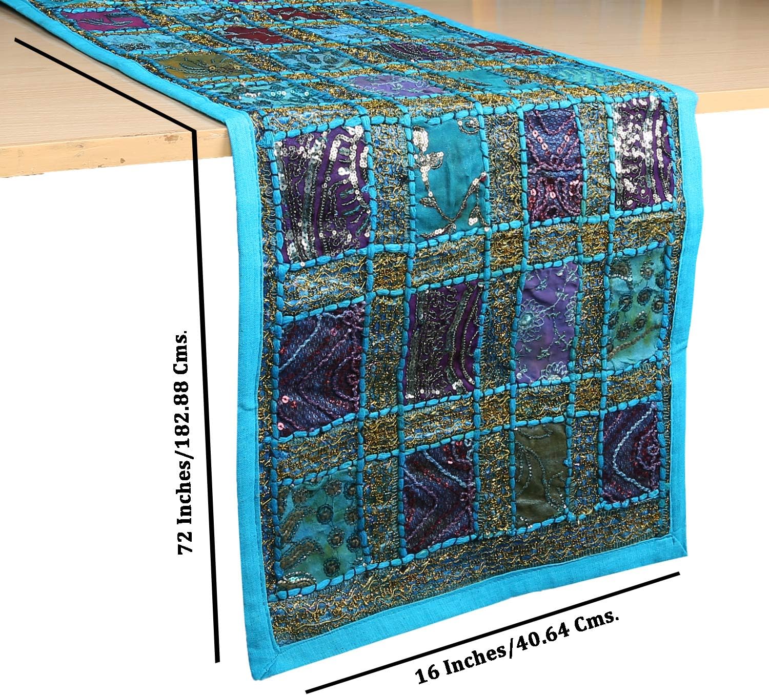 Vintage Style Rajasthani Patchwork Table Runner - Decorative Luxury Coffee Table Placemat Hand Embroidered Cotton Tablecloth Hippie Decor 16x72 Inches - Turquoise Blue