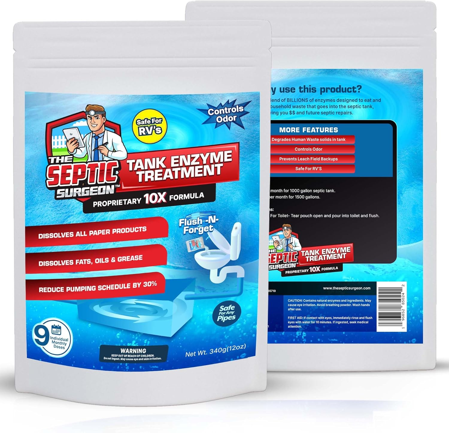 Septic Tank Enzyme Treatment - Under $3/month - 100% Natural - 10x Concentrated Enzymes That Break Down Household Waste In Septic Tanks & Systems - Safe For Rv's - 9 Month Supply