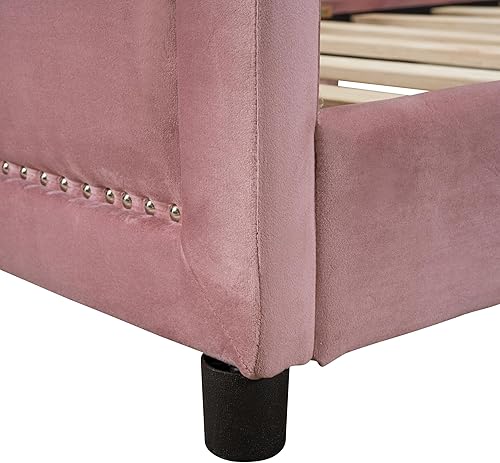 Miniatura 9 de Merax Sofá cama tapizado, tamaño individual, con cabecero clásico en forma de rayas para dormitorio, soporte de listones de madera, no necesita