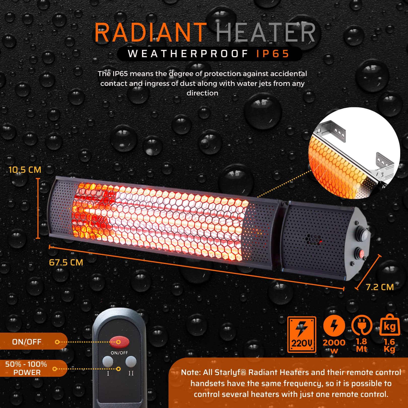 Stufa a Infrarossi 2000W STARLYF Riscaldatore Elettrico IP65 con Telecomando