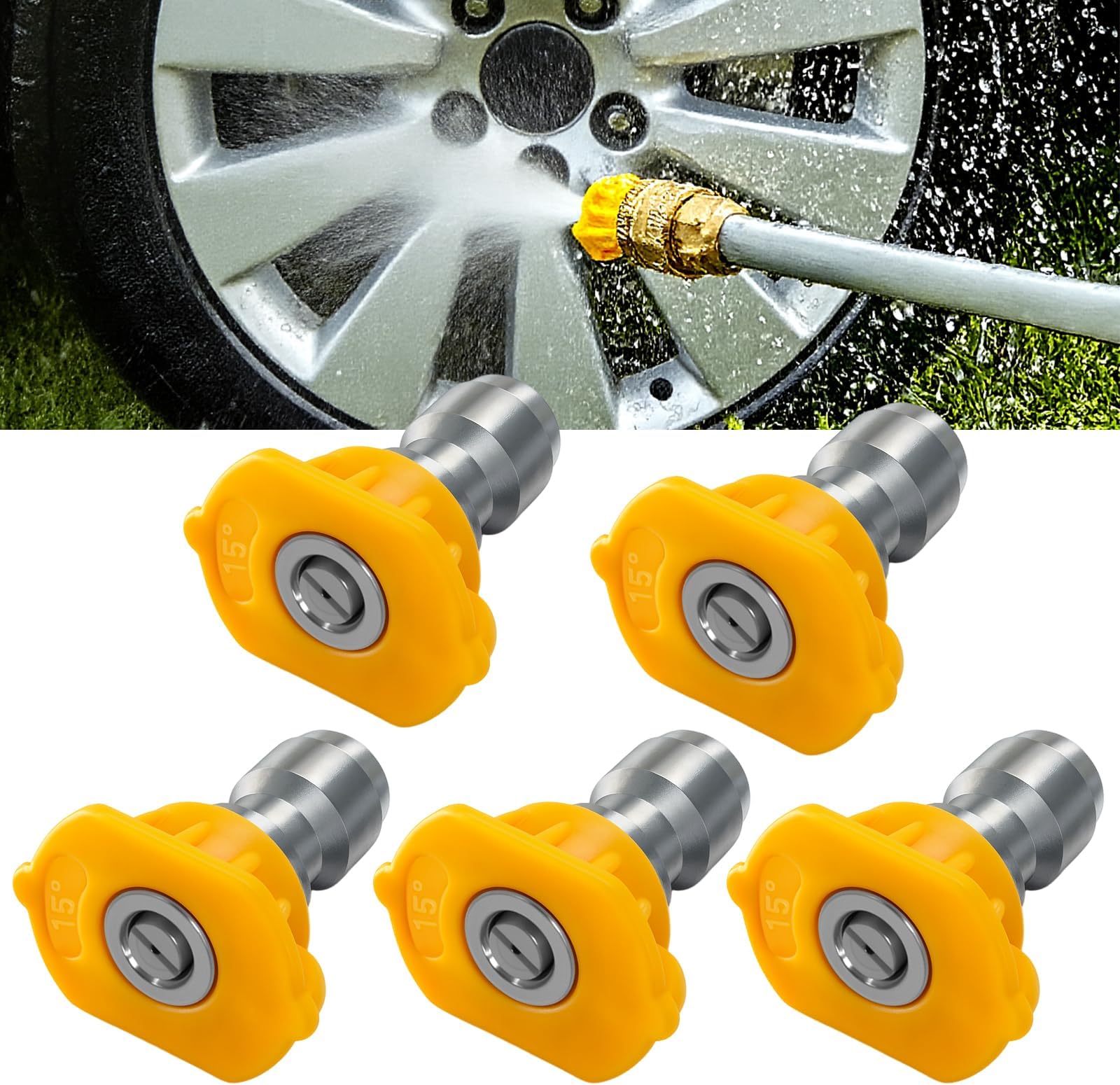 Podoy Pressure Washer Sprayer Nozzle Tip 1/4" Size 3.0, Yellow 15 Degree Stainless Steel for 1500 Psi, 2000 Psi & 2500 Psi Pressure Washer （Pack of 5）
