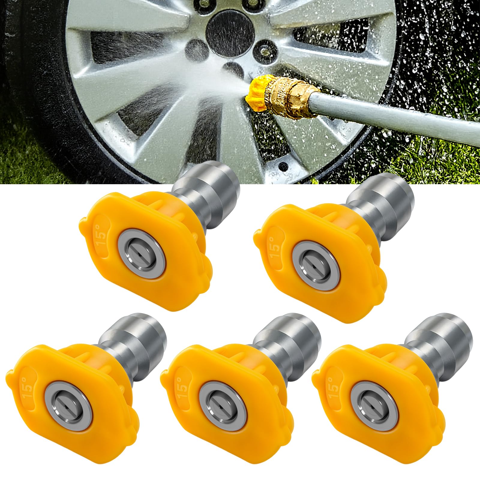 Podoy Pressure Washer Sprayer Nozzle Tip 1/4" Size 3.0, Yellow 15 Degree Stainless Steel for 1500 Psi, 2000 Psi & 2500 Psi Pressure Washer (Pack of 5)